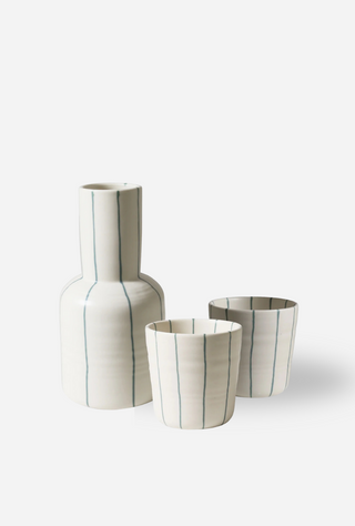 Carafe & 2 Cups Set | Cream with Green Stripe